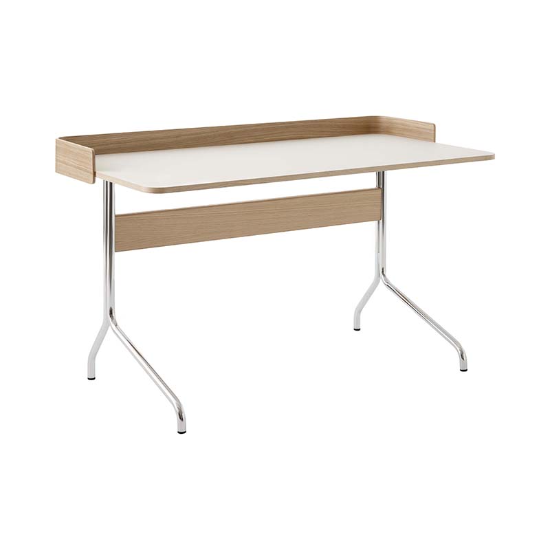 &TRADITION PAVILION DESK AV17 LINOLEUM MUSHROOM 4176 LACQUERED OAK & CHROME BASE