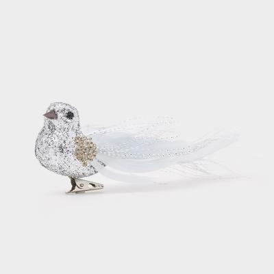 シルバー スパークリングバード クリップ ウィズ フェザーテイル オーナメント